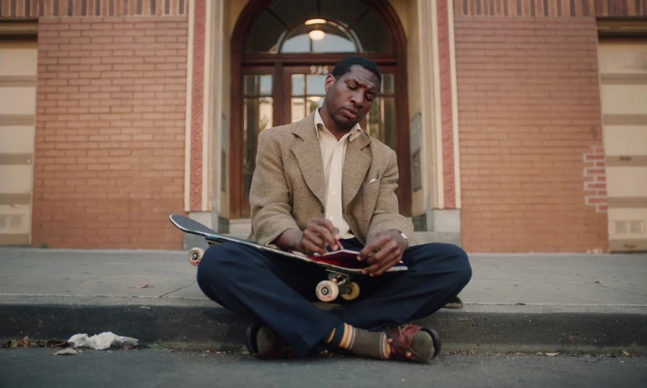 The Last Black Man in San Francisco (2019) movie still: fullbody — A man sits on a concrete sidewalk in front of a brick building entrance. He…