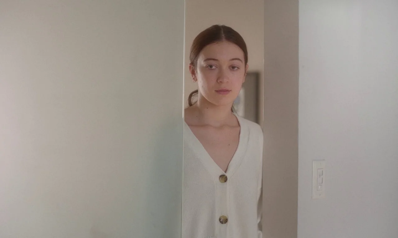 Resurrection (2022) movie still: medium — A white door is partially open, revealing a person standing in the frame. The woman looks directly forward…