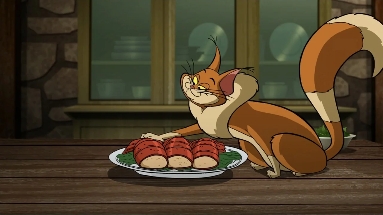 Scooby-Doo! and the Gourmet Ghost (2018) movie still: medium — A wooden dining table sits in front of a glass-fronted cabinet in a room. An animated…