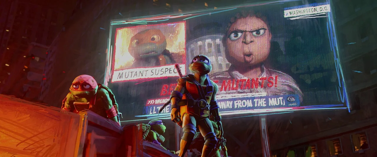 Teenage Mutant Ninja Turtles: Mutant Mayhem (2023) movie still: wide — A dark urban rooftop at night features a large glowing news billboard screen.…