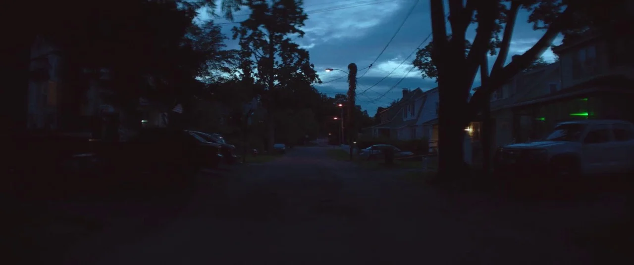 The Strange Ones (2017) movie still: establishing — A dark residential street is lined with trees and houses during twilight hours. A white SUV is…