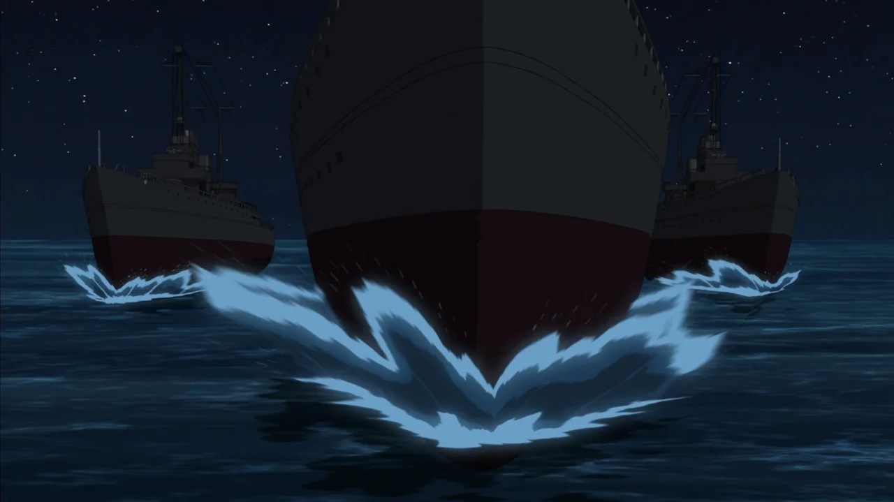 Justice Society: World War II (2021) movie still: wide — Three large grey naval vessels travel in formation across a vast dark sea at night. Bright…