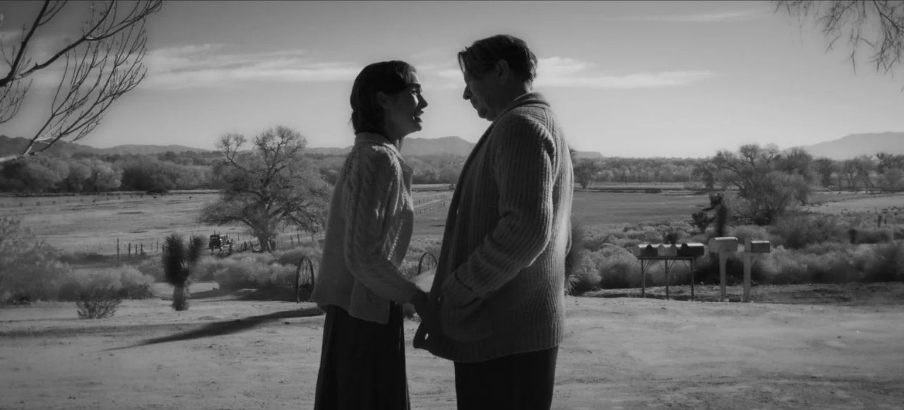 Mank (2020) movie still: fullbody — A man and woman stand in a rural landscape with sparse trees and distant mountains. They hold hands while facing…