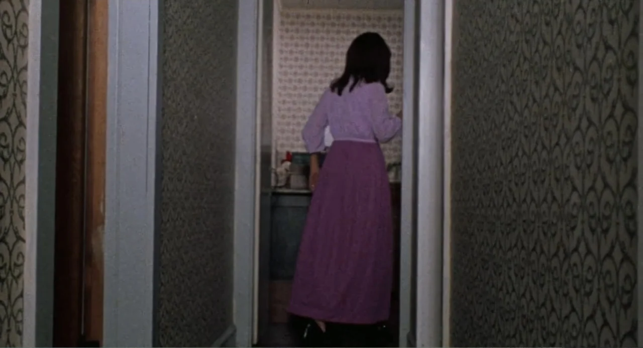 The Last House on the Left (2009) movie still: fullbody — A narrow residential hallway features wallpaper with an ornate, dark patterned design. A…