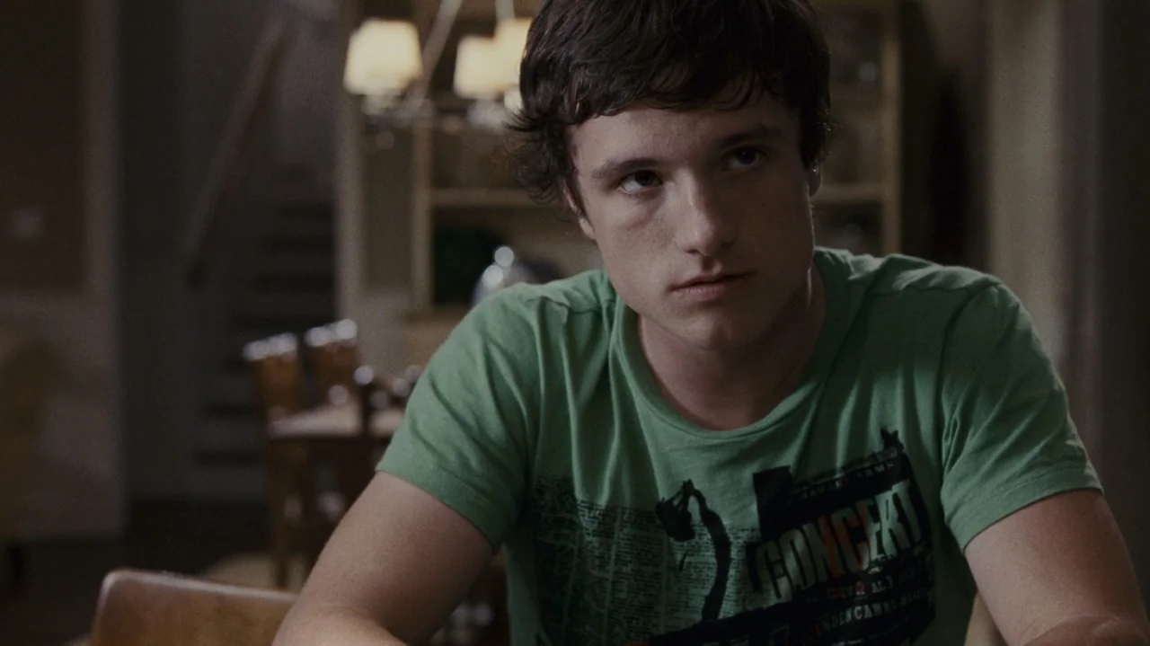 The Kids Are All Right (2010) movie still: medium — A dimly lit indoor space with a soft-focus background of home furnishings. A young man sits in…