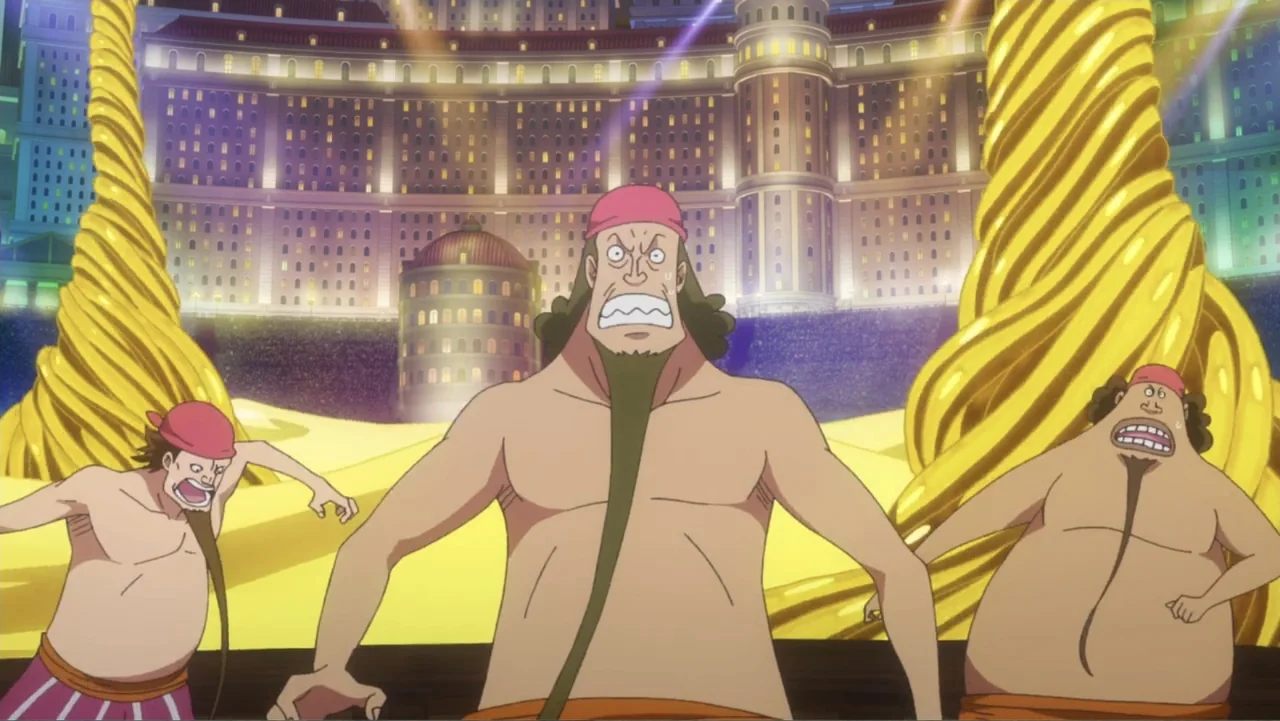 One Piece Film: GOLD (2016) movie still: medium — A brightly lit arena features golden spiraling structures against a large curved stadium wall.…