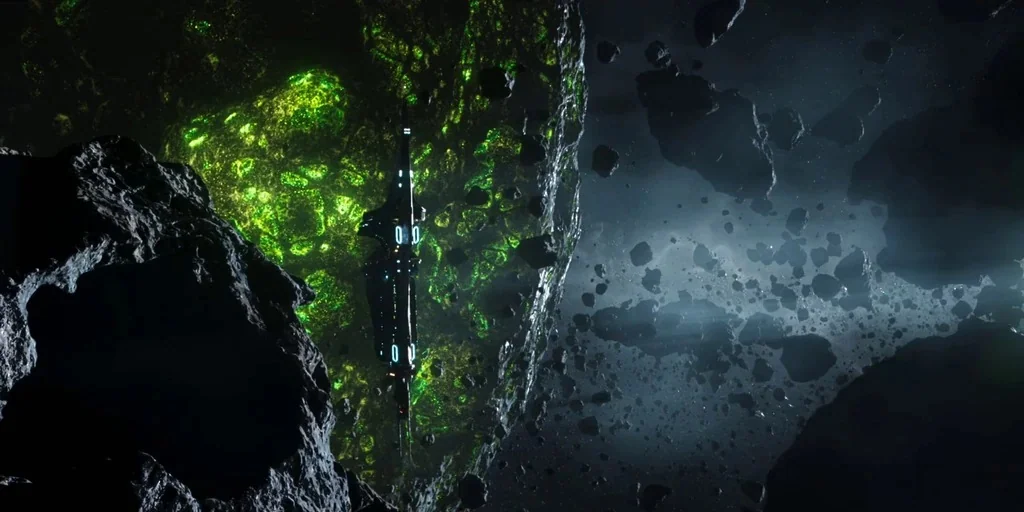 Love, Death & Robots (2019) movie still: wide — A dark, jagged asteroid field floats in deep space surrounding a glowing green sphere. A sleek, dark…