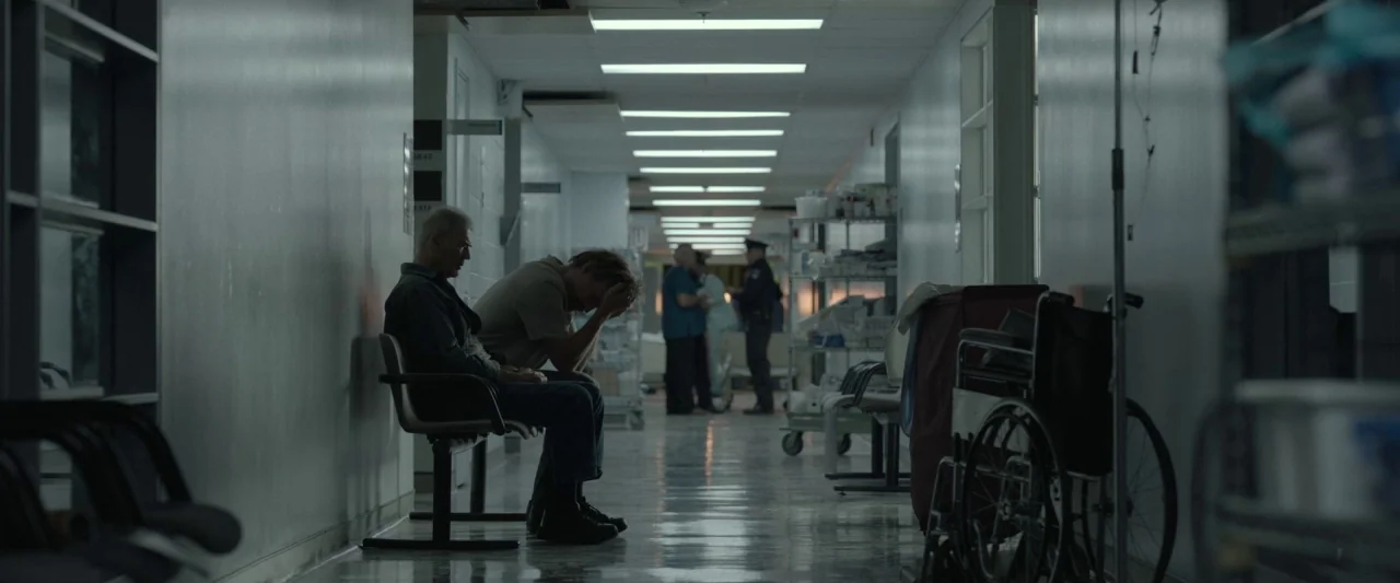 Small Crimes (2017) movie still: fullbody — A long, sterile hospital corridor is illuminated by cold overhead fluorescent lighting at night. Two men…
