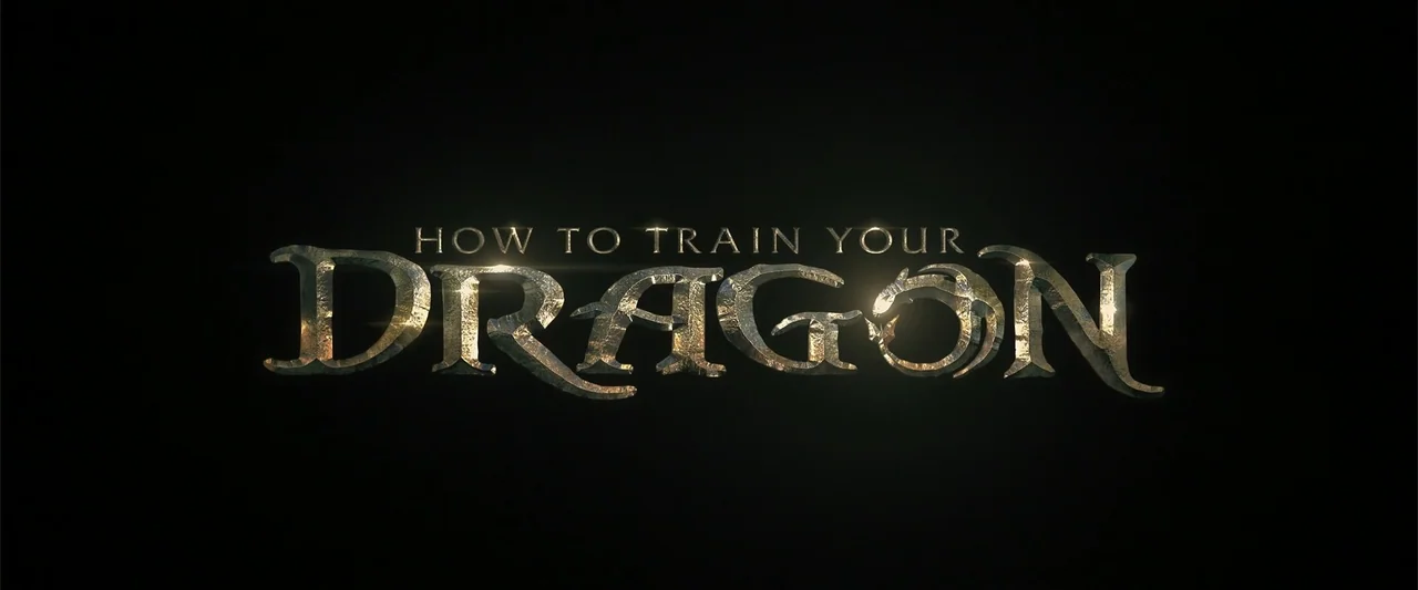 How to Train Your Dragon (2025) movie still: establishing — A title card featuring the logo for How to Train Your Dragon. The metallic text is…
