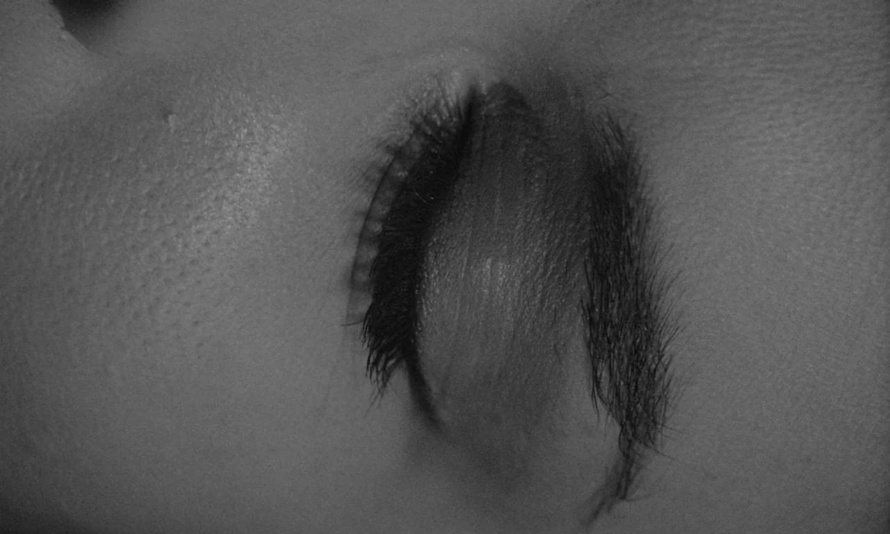 Something Wild (1961) movie still: closeup — A close-up view of a human eye lid and eyebrow against skin. The subject is resting with their eyes…