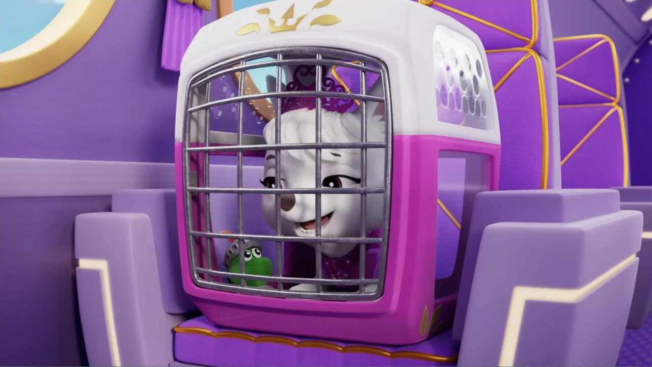 PAW Patrol: Air Rescue (2025) movie still: medium — A white animated dog sits inside a purple and pink pet carrier within an aircraft cabin. The dog…