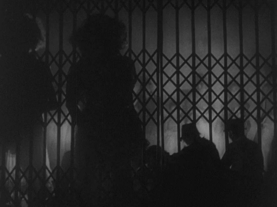 Stray Dog (1949) movie still: medium — People stand behind a retractable metal gate inside a dimly lit elevator. The strong light from beyond the…