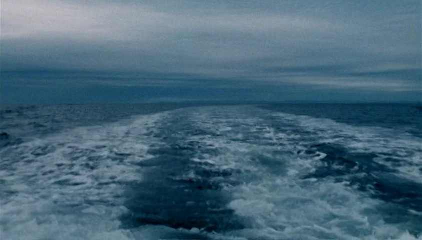 Maelström (2000) movie still: establishing — A vast expanse of dark ocean surface shows a churning white boat wake. The cloudy, overcast sky…
