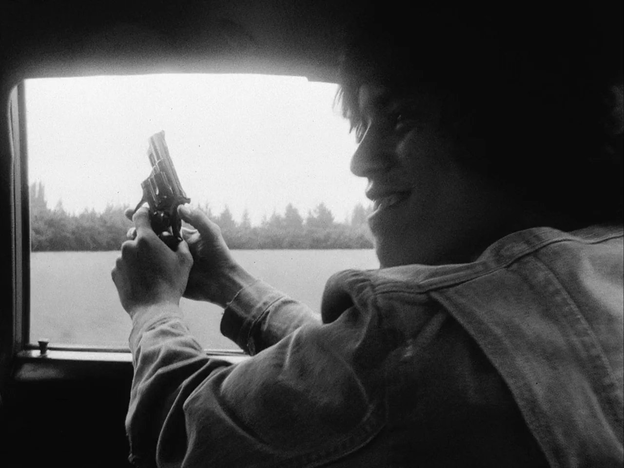 Mala Noche (1986) movie still: medium — A dark car interior provides a silhouette frame looking out toward a distant tree line. A young man with…
