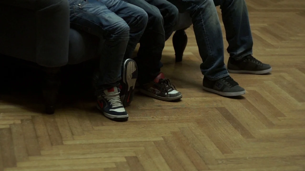 Museum Hours (2012) movie still: medium — A light wood floor with herringbone pattern extends beneath the legs of a sofa. Three people are seated on…