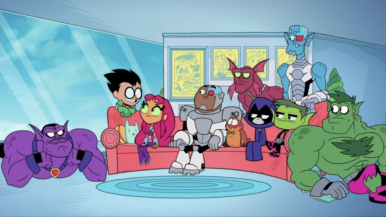 Teen Titans Go! To the Movies (2018) movie still: medium — A modern cartoon living room features a bright red couch and blue window views. The main…