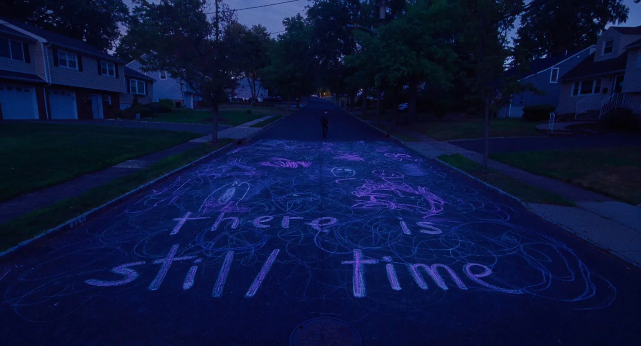 I Saw The TV Glow (2024) movie still: wide — A suburban residential street at twilight with houses flanking the paved road. The asphalt is covered…
