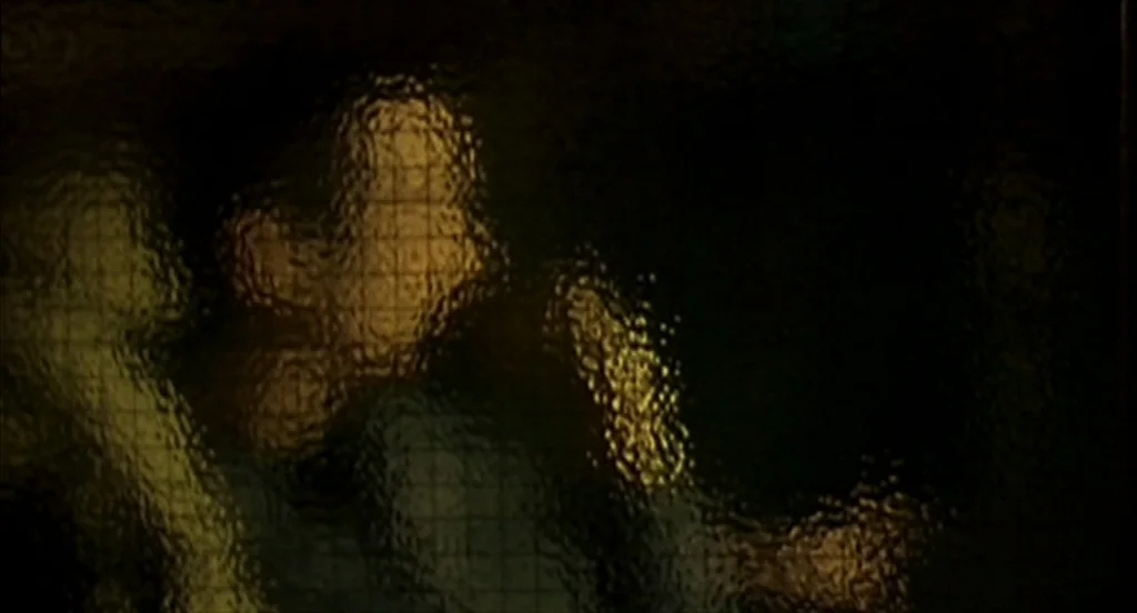 28 Days Later (2002) movie still: closeup — A sheet of textured, wire-reinforced privacy glass obscures the view behind it. Softly blurred light…