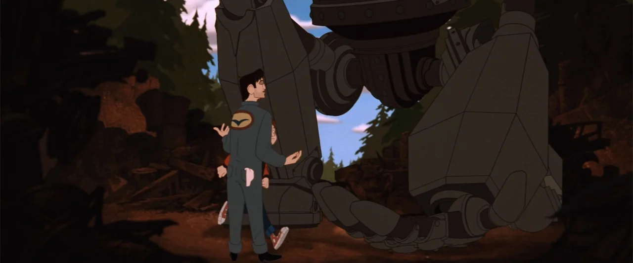 The Iron Giant (1999) movie still: fullbody — A cluttered junkyard filled with piles of rusted scrap metal and debris. A man in a blue jumpsuit…