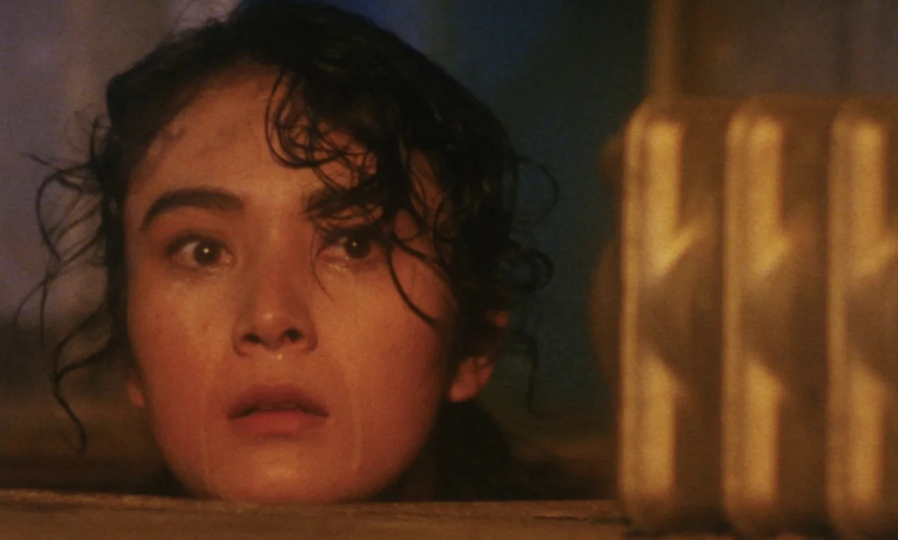 Evil Dead Trap (1988) movie still: closeup — A woman's head emerges from behind a wooden partition in a dimly lit room. She looks forward with a…