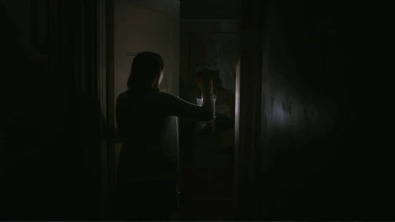 Silent House (2011) movie still: medium — A dark hallway is illuminated by the beam of a handheld lantern. A woman stands in a doorway, holding the…