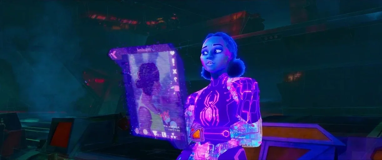 Spider-Man: Across the Spider-Verse (2023) movie still: medium — A dark spaceship command center with geometric hardware and glowing control…
