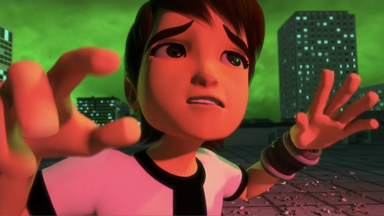 Ben 10: Destroy All Aliens (2012) movie still: closeup — A rooftop at night features a green glowing sky and distant dark city buildings. A young…
