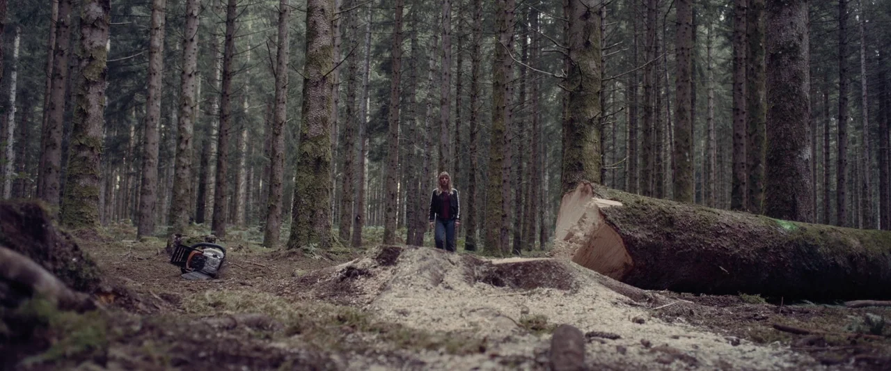 Meanwhile On Earth (2024) movie still: wide — A dense woodland area features tall pine trees and a freshly cut fallen log. A young woman stands in…