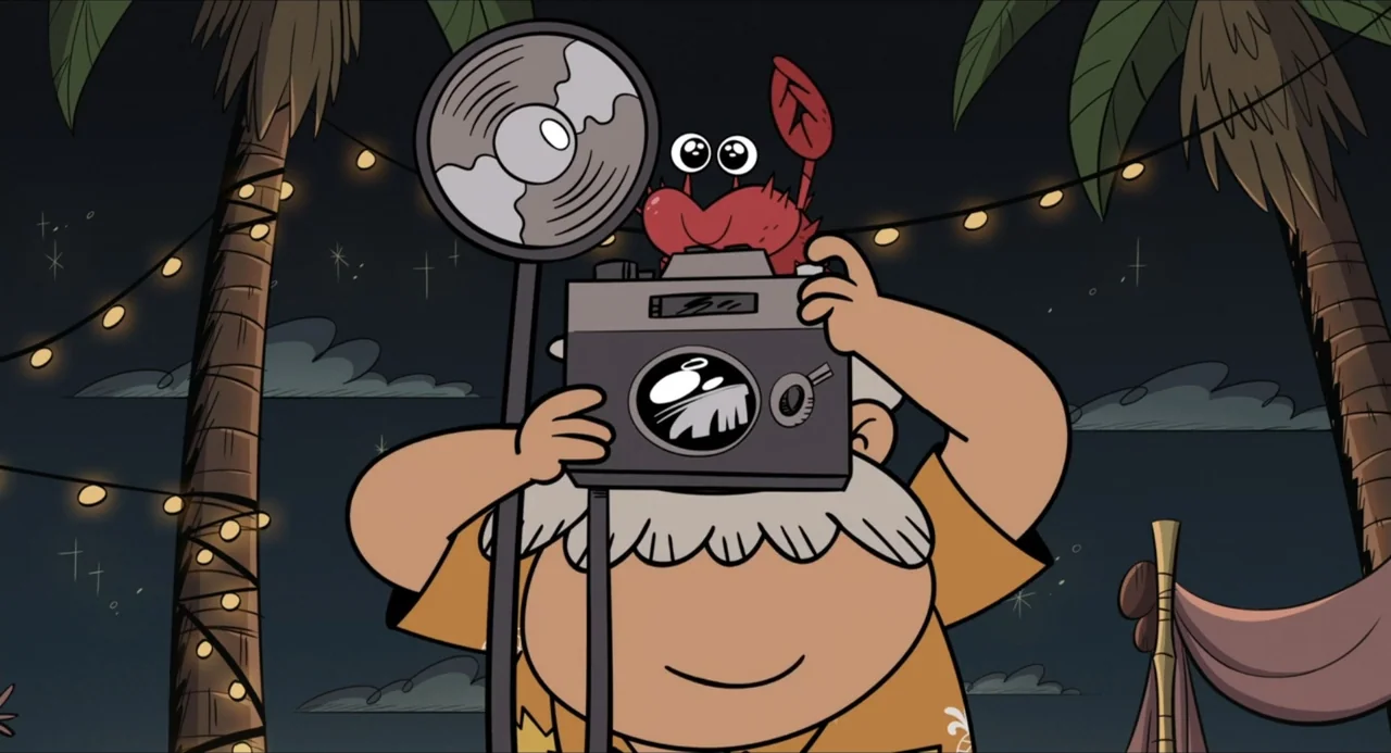 No Time to Spy: A Loud House Movie (2024) movie still: medium — A dark outdoor beach setting at night features palm trees and string lighting. An…