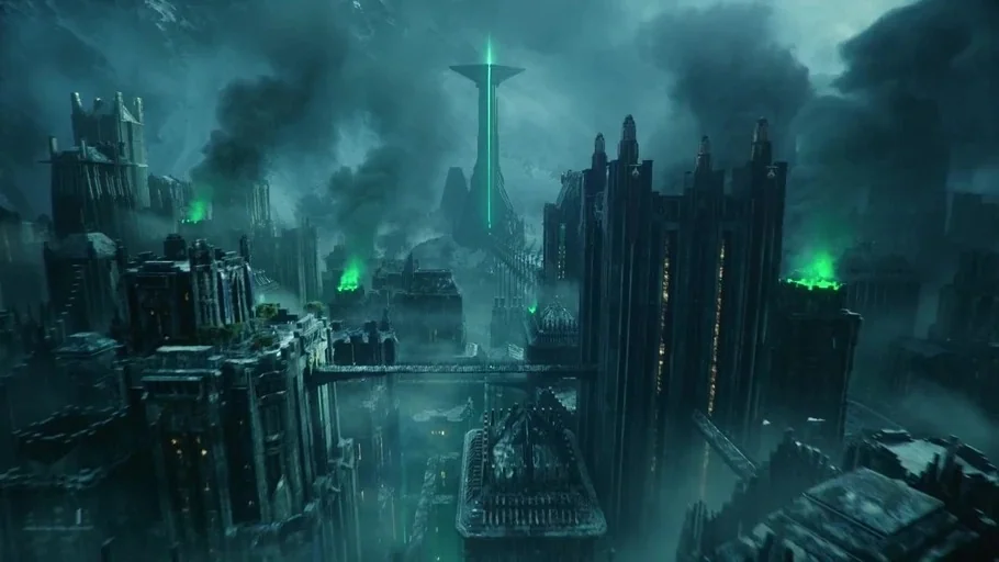 Aquaman and the Lost Kingdom (2023) movie still: establishing — A dark, multi-level futuristic city is covered in dense fog and heavy smoke. Tall…