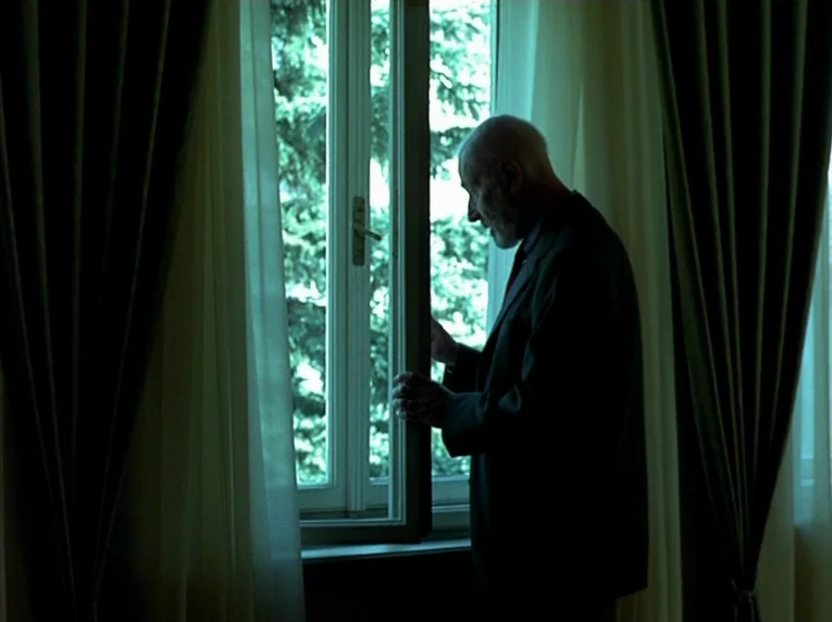 Notre Musique (2004) movie still: medium — A dimly lit room with heavy curtains framing an open window viewing dense trees. An elderly man in a dark…