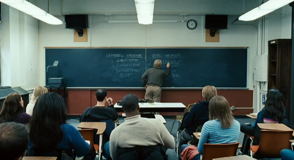 The Savages (2007) movie still: wide — A college lecture hall features a large black chalkboard covered in handwritten academic notes. An instructor…