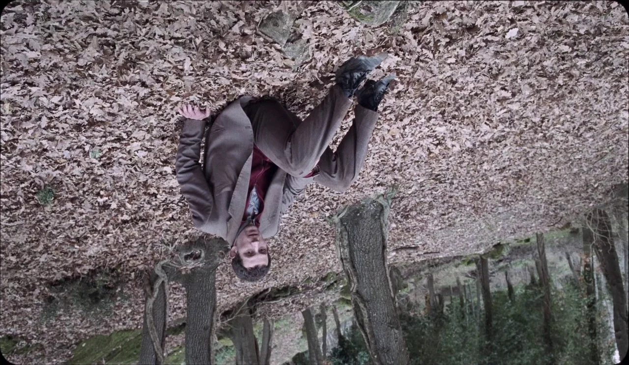 La Chimera (2023) movie still: fullbody — A dense forest floor covered in layers of fallen brown oak leaves. A man lies on his back amidst the…
