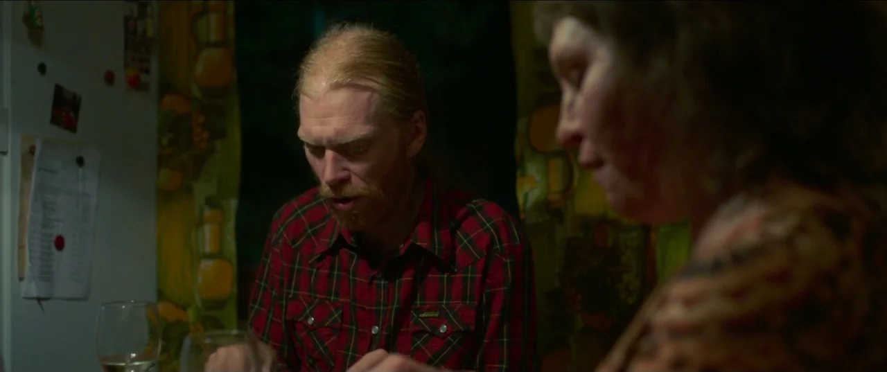 Border movie still: medium — A dimly lit indoor space with patterned curtains and a white refrigerator background. A man with a beard and a woman…