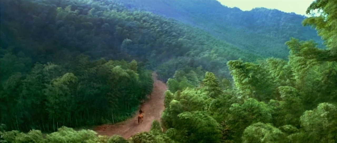 House of Flying Daggers (2004) movie still: wide — A dense, green-forested mountain range features a narrow dirt road cutting through its center. A…