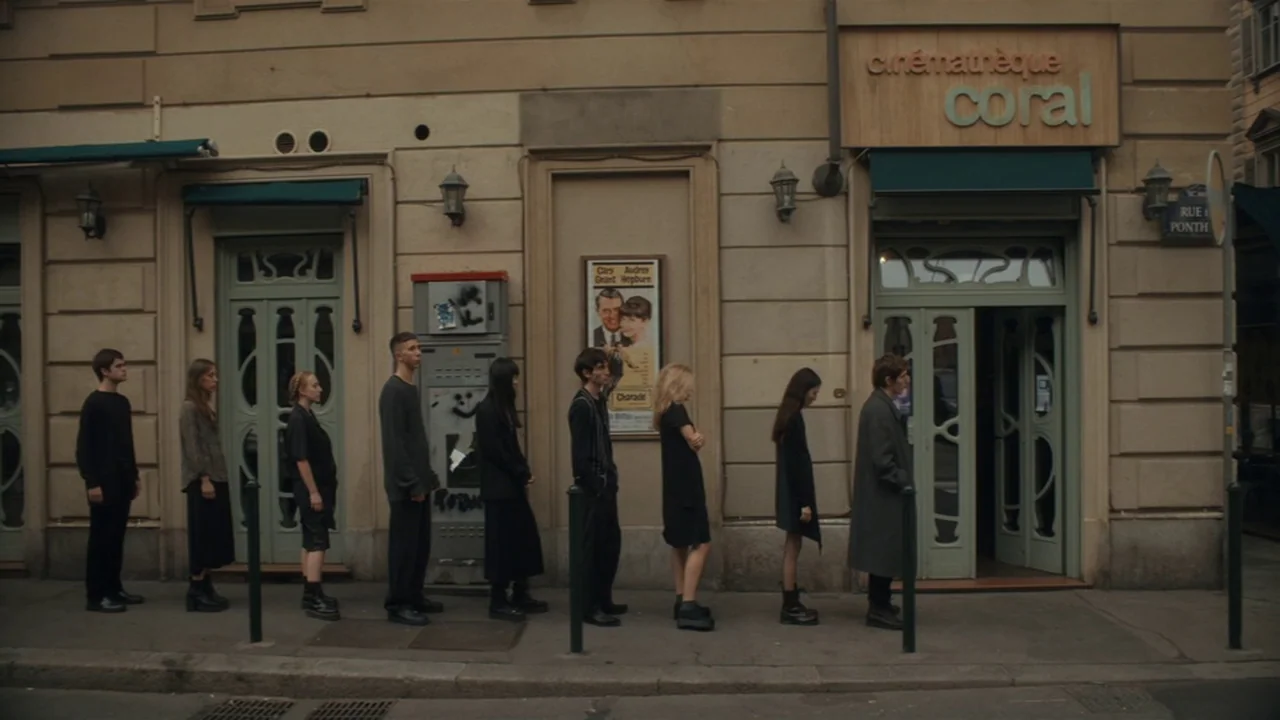 Amanda (2022) movie still: wide — A row of people waits on a sidewalk before a building with decorative doors. A vintage movie poster is affixed to…