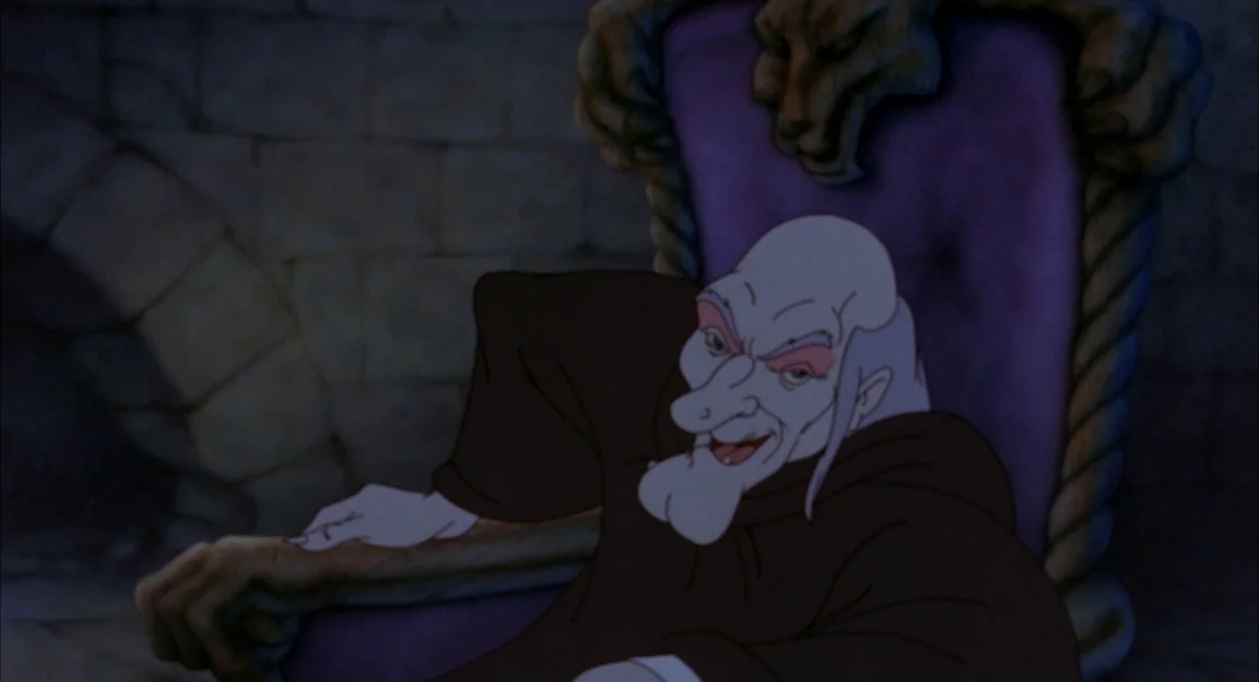 Creepshow 2 (1987) movie still: medium — A dark stone chamber with a large ornate purple chair featuring a lion carving. A gaunt elderly man in a…