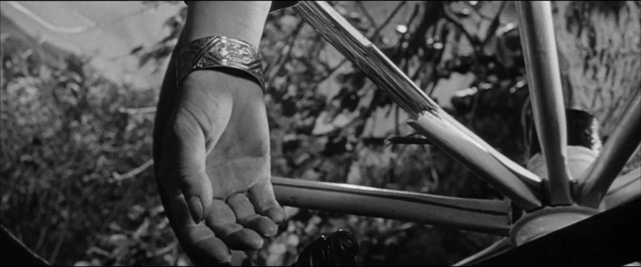 The Haunting (1963) movie still: closeup — A dark outdoor scene focuses on a human hand wearing a metal bracelet. The hand rests against the wooden…