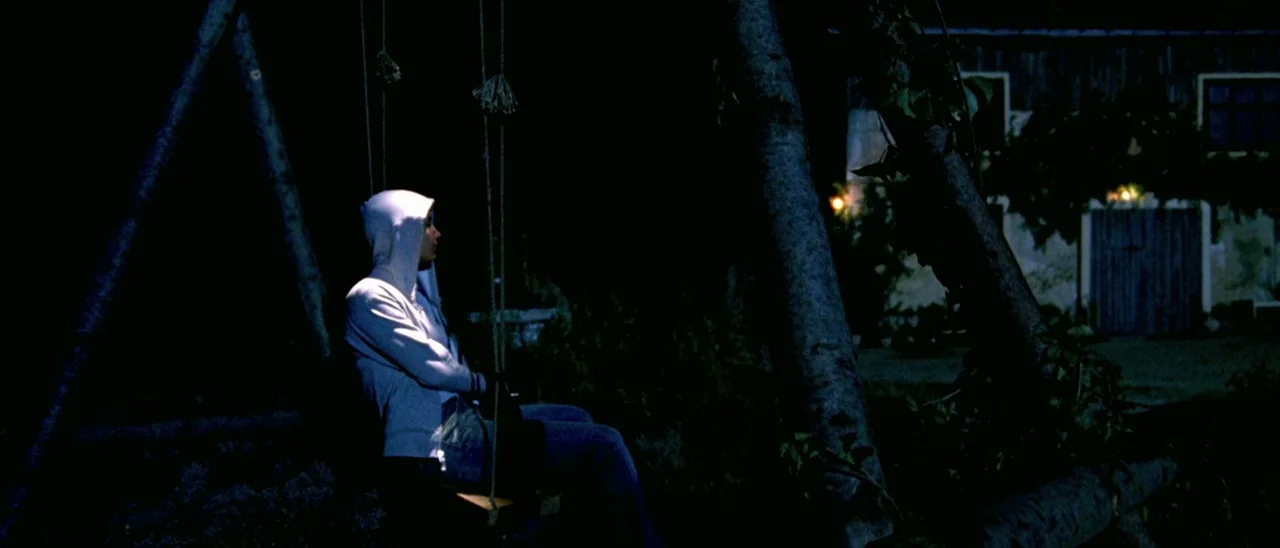 Haute Tension (2003) movie still: medium — A dark outdoor space features a wooden swing set under the cover of night. A person wearing a hooded…