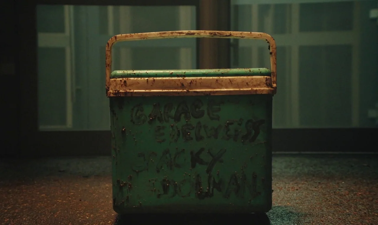 Maldoror (2024) movie still: closeup — A dirty, teal plastic cooler sits on a dark concrete surface. The cooler has text scratched into its front…