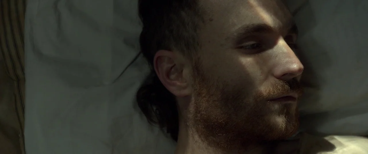 The Survivalist (2015) movie still: closeup — A person is lying on a pillow, viewed from a close overhead angle. Sunlight cuts across the subject's…