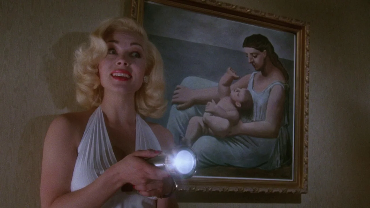 Insignificance (1985) movie still: medium — A dimly lit room features textured wallpaper and a large framed painting of a mother and child. A blonde…