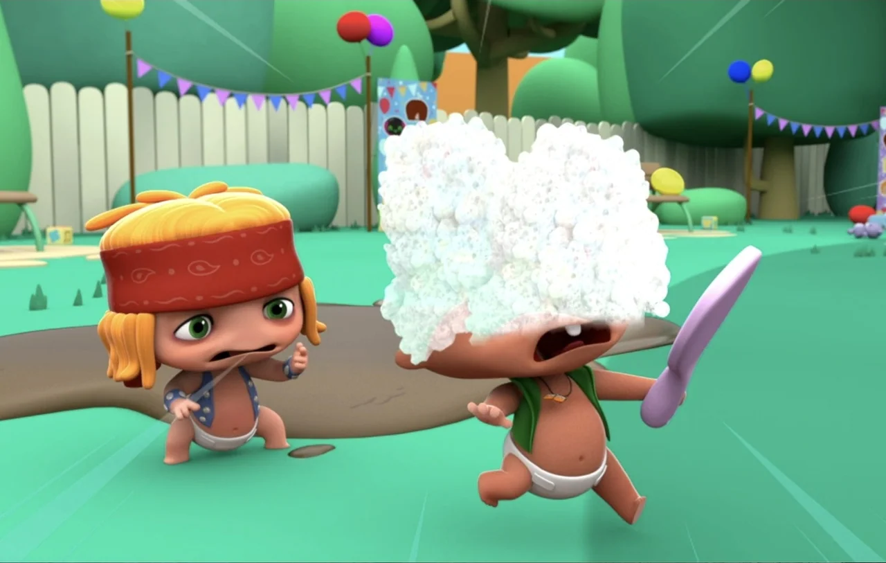 Mini Beat Power Rockers: The Movie (2022) movie still: medium — A cartoon backyard with green lawn and a white picket fence backdrop. One child runs…