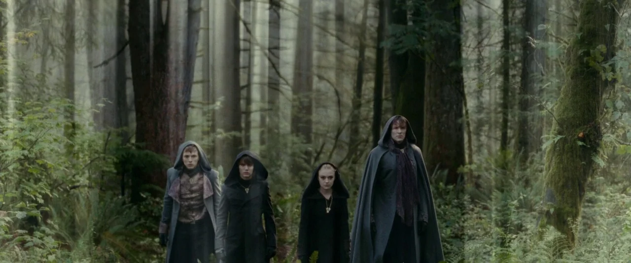 The Twilight Saga: Eclipse (2010) movie still: wide — A dense forest environment features tall trees covered in moss and ferns. Four figures in dark…