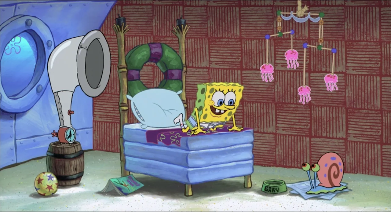 The SpongeBob SquarePants Movie (2004) movie still: medium — A vibrant cartoon bedroom with wood-paneled walls and a porthole window. A yellow…