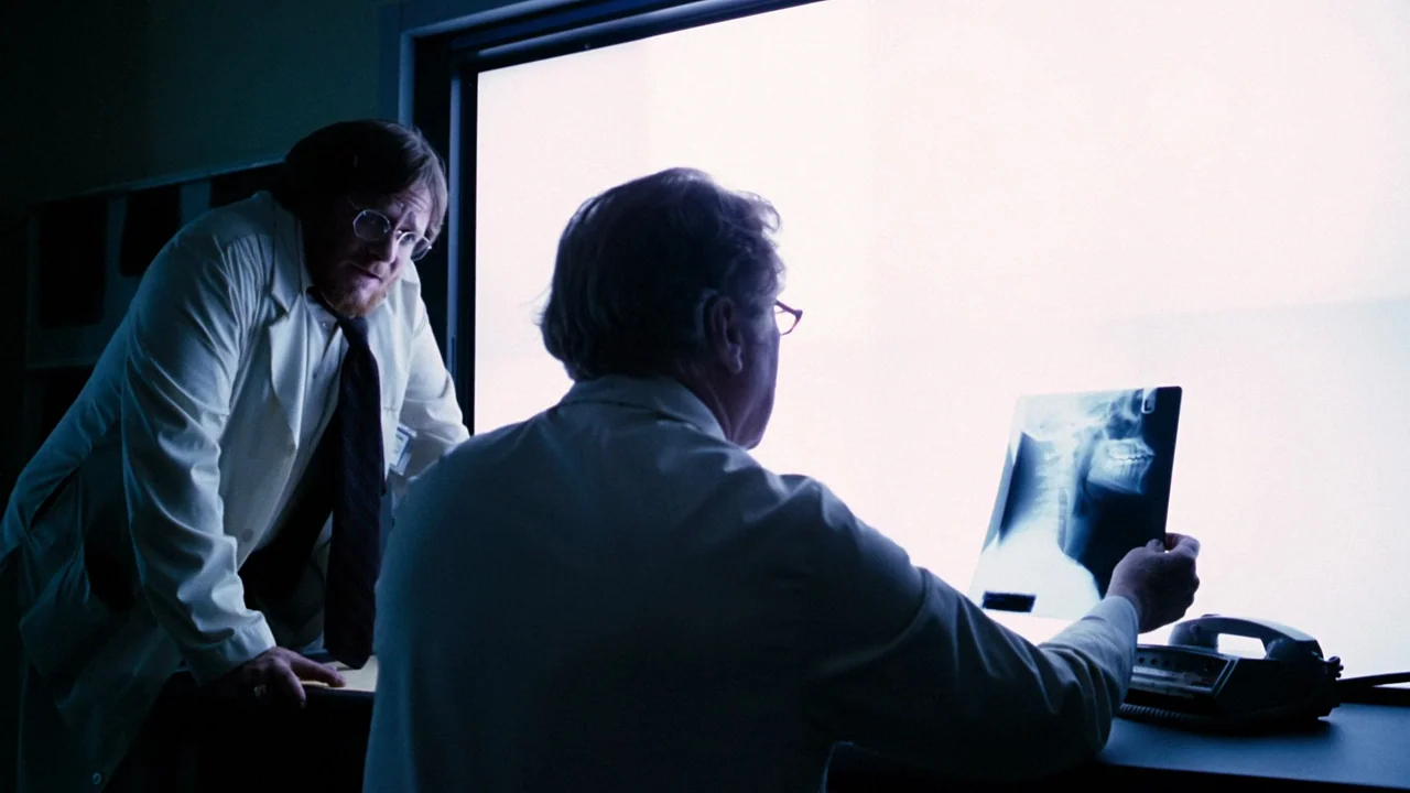 Altered States (1980) movie still: medium — Two men in medical coats study a dental x-ray against a light box. The scene occurs in a dark room…