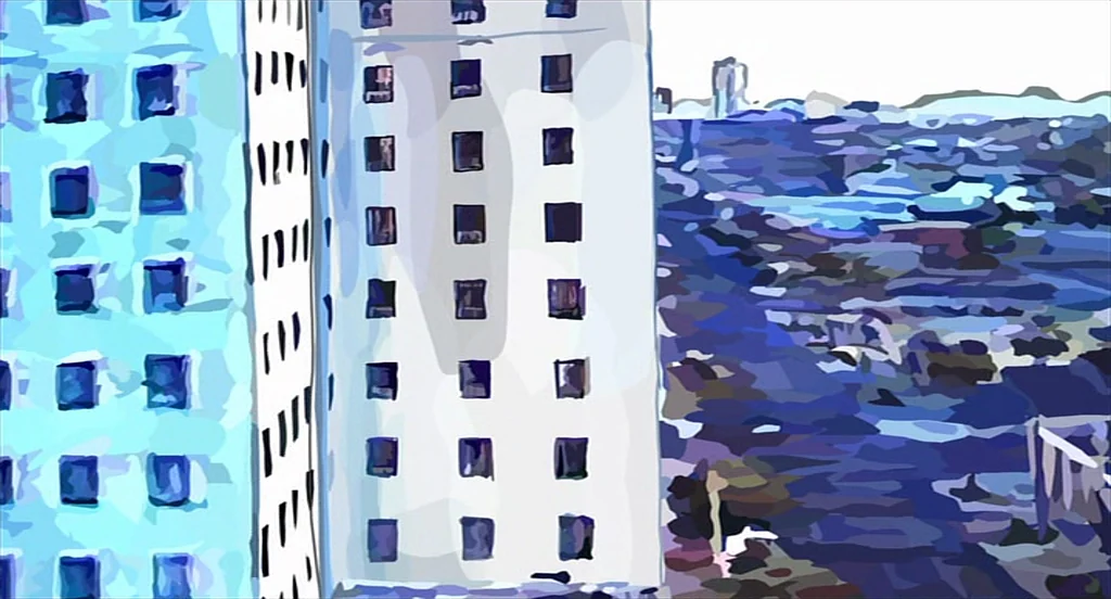 Waking Life (2001) movie still: wide — A high-angle view shows stylized white and blue buildings standing next to a city. A dense, abstract urban…