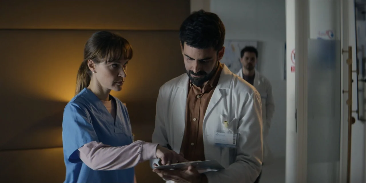 Our Fault (2025) movie still: medium — A hospital corridor features neutral walls and a blurred figure visible in the background. A female nurse in…