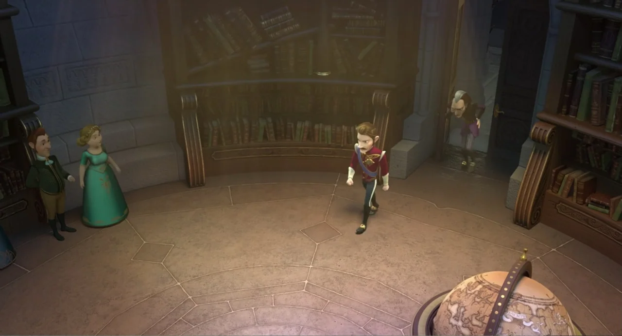 The Princess and the Dragon (2018) movie still: wide — A stone-walled room with tall bookshelves filled with books and a large ornate globe. A man…