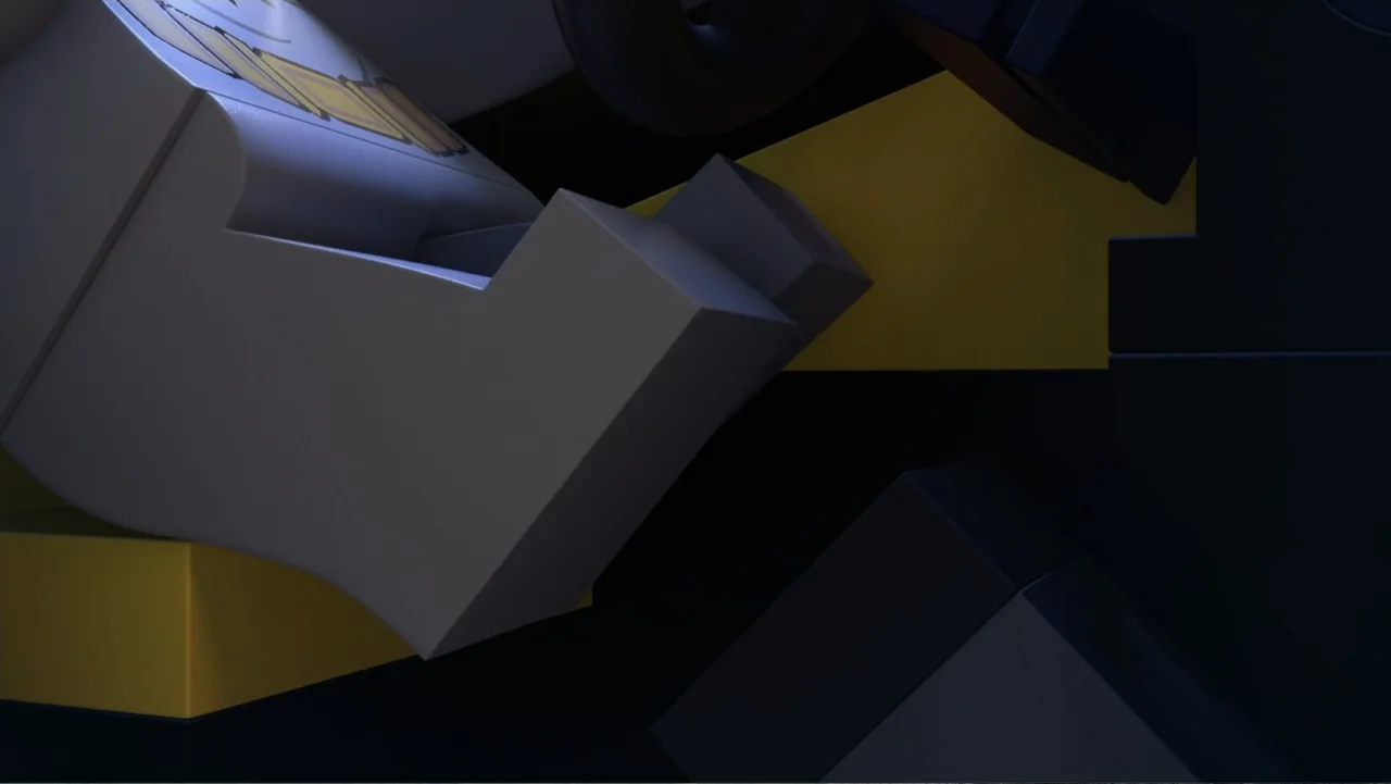 LEGO DC: Shazam! Magic and Monsters (2020) movie still: closeup — Close-up detail of stylized plastic toy components in a dark interior environment.…